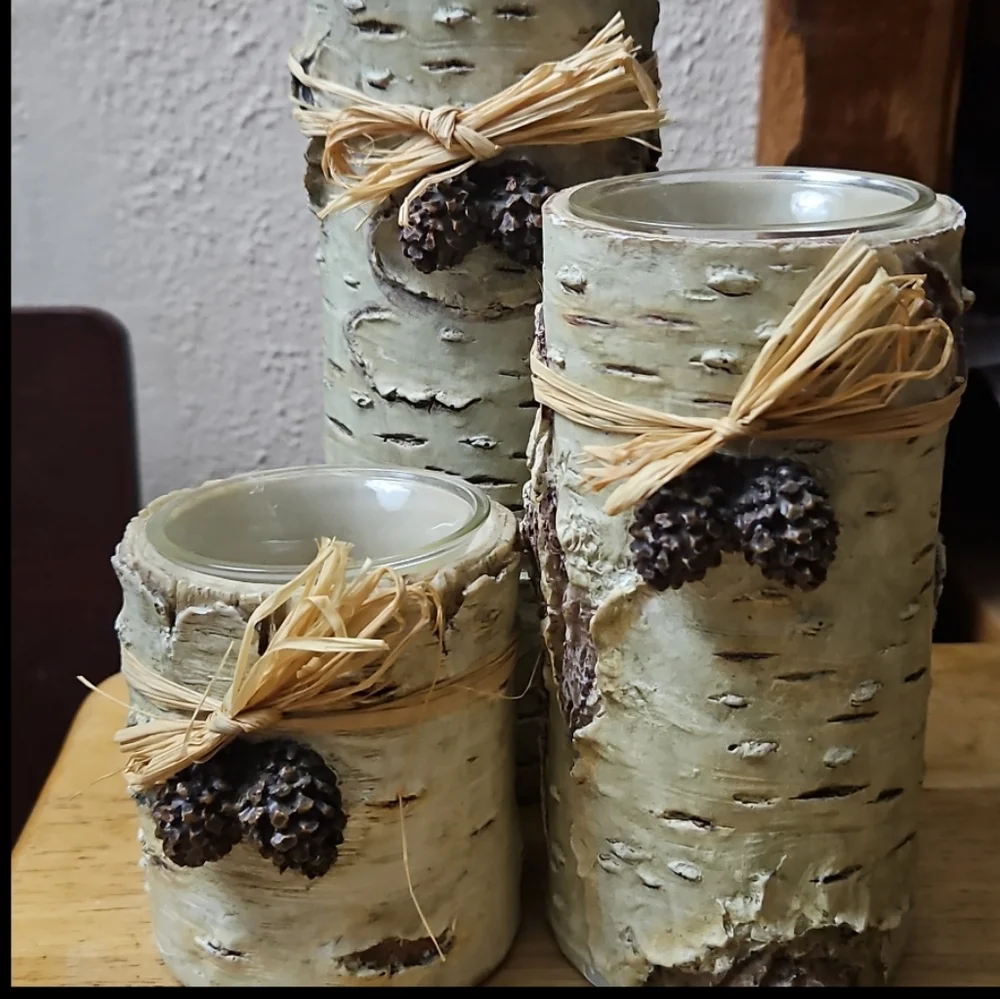 6-Pc Resin White Birch Log Votive Candle Holder Set - Holiday - Raffia Pinecones